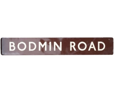 BR(W) FF enamel Signalbox Board BODMIN ROAD. Measures 78in x 12in and is in very good condition with some small chips and a d