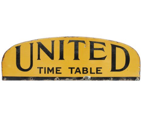 Bus motoring enamel timetable heading UNITED TIME TABLE. In very good condition with some edge chipping. Measures 21in x 6.5i