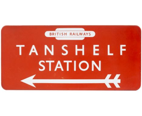 BR(NE) FF enamel railway station direction sign TANSHELF STATION with left facing arrow and British Railways totem. In very g