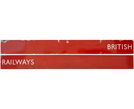 BR(NE) double Quad Royal enamel poster board heading BRITISH RAILWAYS. In two sections, each measuring 54.5in x 5.75in. Both 