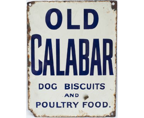 Advertising enamel sign OLD CALABAR DOG BISCUITS AND POULTRY FOOD. In very good condition with minor edge chipping and slight