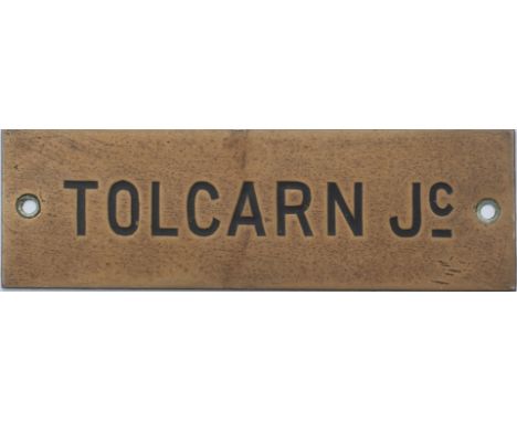 GWR hand engraved  brass shelf plate TOLCARN JC. In very good condition with original wax infill. Measures 4.75in x 1.5in.