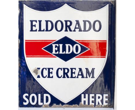 Advertising enamel sign ELDORADO ICE CREAM SOLD HERE. Double sided with wall mounting flange. Both sides in good condition wi