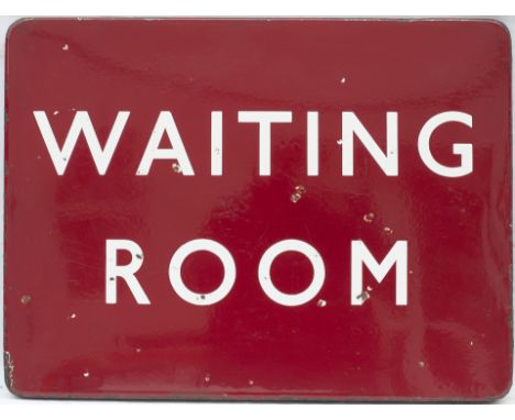 BR(M) FF enamel station sign WAITING ROOM. In very good condition with some small face chips. Measures 24in x 18in.