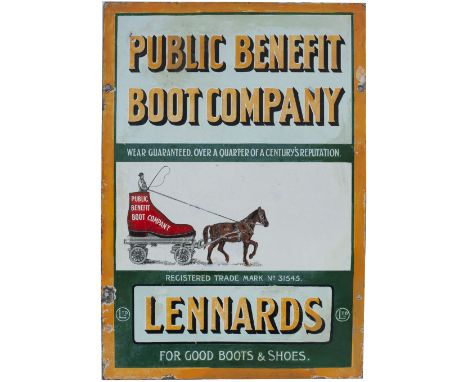 Advertising enamel sign PUBLIC BENEFIT BOOT COMPANY LENNARDS. In very good condition with some well executed restoration. Mea