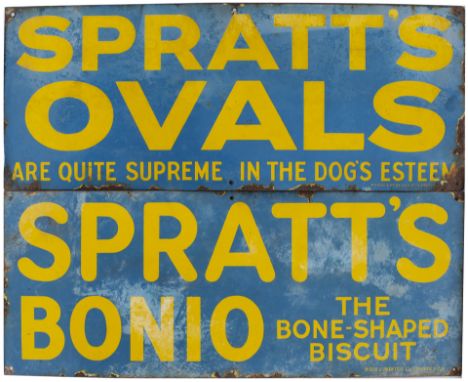 Advertising enamel signs, a pair; SPRATTS OVALS and SPRATTS BONIO. Both in fair condition with loss of shine, measure 30in x 