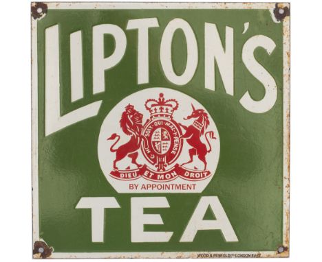 Advertising enamel sign LIPTON'S TEA. In very good condition with chipping to the corners. Measures 12in x 12in.