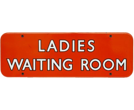 BR(NE) BEL FF enamel doorplate LADIES WAITING ROOM. In excellent condition with black edged letters, measures 18in x 6in and 