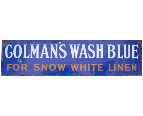 Advertising enamel sign COLMAN'S WASH BLUE FOR SNOW WHITE LINEN. In good condition with some small edge and face chips. Measu