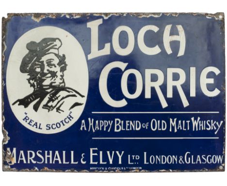 Advertising enamel sign LOCH CORRIE A HAPPY BLEND OF OLD MALT WHISKY MARSHALL &amp; E LVY LTD LONDON &amp; GLASGOW. Measures 