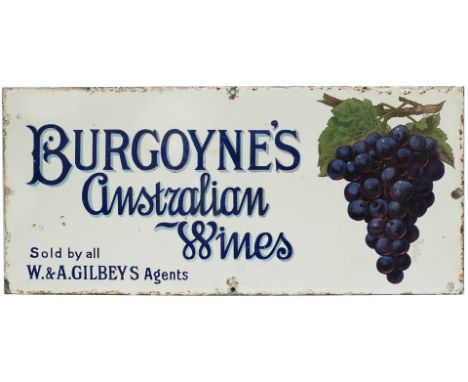 Advertising enamel sign BURGOYNES AUSTRALIAN WINES SOLD BY ALL W&amp;H GILBEYS AGENTS. Measures 20in x 9in. In very good cond