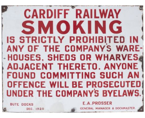 Cardiff Railway enamel sign re SMOKING IS PROHIBITED signed E. A. Prosser General Manager and Dock Master Bute Docks Dec 1920