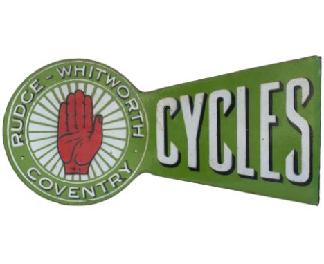 Advertising enamel sign RUDGE WHITWORTH CYCLES COVENTRY. Double sided with wall mounting flange which has had a repair. Both 