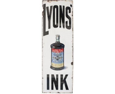 Advertising enamel sign LYONS INK. In very good condition with minor edge chipping and one small face chip. Measures 36in x 1