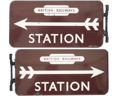 BR(W) FF enamel double sided station direction sign STATION with British Railways totem at the top and arrows facing both way