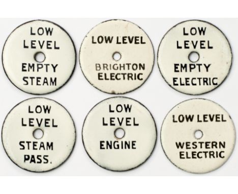 LB&amp;SCR circular enamel Train Describer Plates x 6; LOW LEVEL BRIGHTON ELECTRIC, LOW LEVEL EMPTY ELECTRIC, LOW LEVEL EMPTY