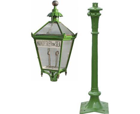 LNER platform lamp with original china glass lamp tablet MUNDESLEY ON SEA. The case is nicely restored and stamped LNER and s