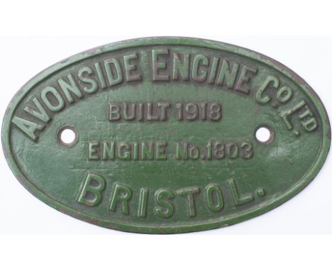 Worksplate AVONSIDE ENGINE Co LTD BRISTOL BUILT 1918 ENGINE No 1803. Avonside 1803 of 1918. Ex 0-4-0ST named Asteroid. Suppli