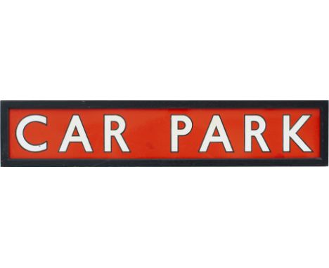 BR(NE) enamel station sign CAR PARK with black edged letters and nicely framed for display. In very good condition with a min
