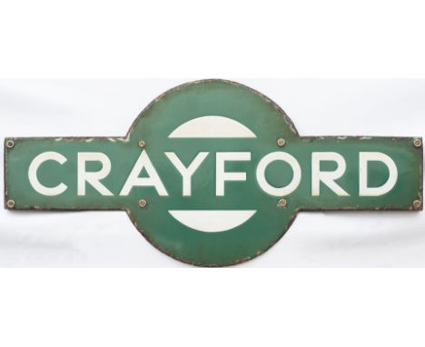 Southern Railway enamel target station sign CRAYFORD from the former South Eastern and Chatham Railway station between Hither