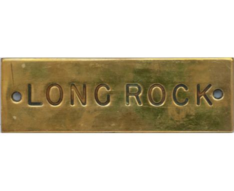 GWR machine engraved brass shelf plate LONG ROCK. In very good condition. Measures 4.75in x 1.5in.
