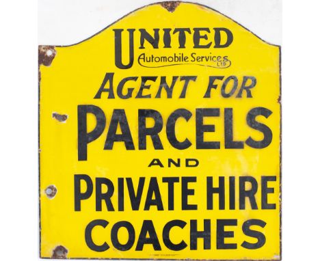 Bus motoring enamel sign UNITED AUTOMOBILE SERVICES LTD AGENT FOR PARCELS AND PRIVATE HIRE COACHES. Double sided, both sides 