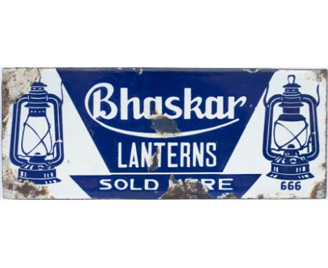 Advertising enamel sign BHASKAR LANTERNS SOLD HERE. In good condition with some chipping, measures 15in x 6in.