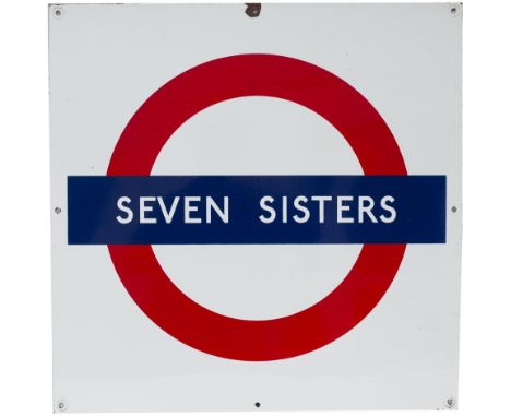 London Underground enamel Target/Bullseye station sign SEVEN SISTERS. Measures 24in x 24in and is in very good condition with