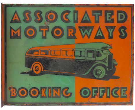 Bus motoring enamel sign ASSOCIATED MOTORWAYS BOOKING OFFICE. Double sided with wall mounting flange, both sides in good cond