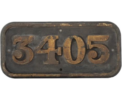 BR-W brass cabside numberplate 3405 ex Hawksworth 0-6-0PT built by the Yorkshire Engine Company Ltd in 1956. Allocated to Car