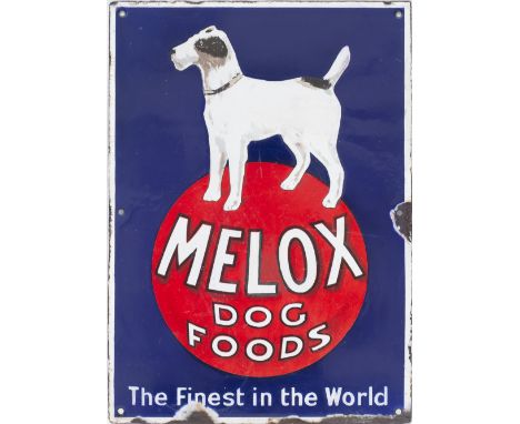 Advertising enamel sign MELOX DOG FOODS THE FINEST IN THE WORLD. In very good condition, has had some expertly executed resto