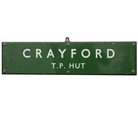 BR(S) enamel railway sign CRAYFORD T.P.HUT. In very good condition with one area of expertly executed restoration. Still moun