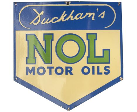 Motoring advertising enamel sign DUCKHAMS NOL MOTOR OILS. In excellent condition with minor chipping. Measures 17in x 17in. 