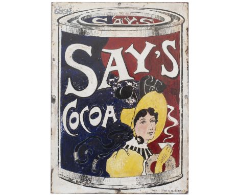 Advertising enamel sign SAY'S COCOA. In good displayable condition with some extensive restoration. Measures 14in x 10in.