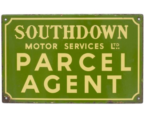 Bus motoring enamel sign SOUTHDOWN MOTOR SERVICES LTD PARCEL AGENT. Double sided, both sides in very good condition with mino