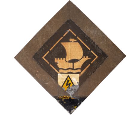 British Railways flamecut depot plaque for Barry depicting the Galleon, from a MGR coal hopper wagon. Square cut steel measur