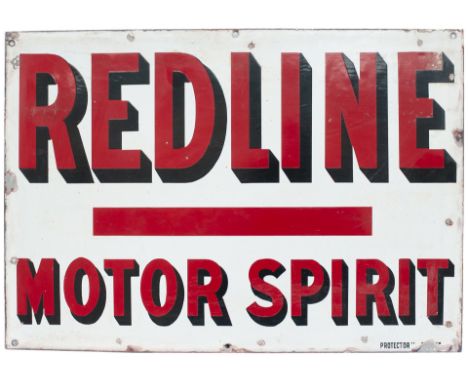 Advertising enamel sign REDLINE MOTOR SPIRIT. In very good condition with minor edge chipping. Measures 20in x 14in.