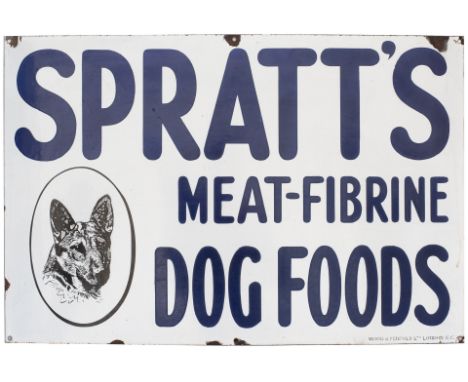 Advertising enamel sign SPRATT'S MEAT-FIBRINE DOG FOODS with an image of an Alsatian dog. In very good condition with some ed