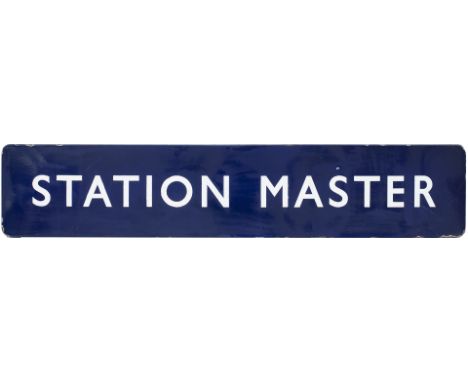 BR(E) FF enamel station sign STATION MASTER. In good condition with some restoration to the letters. Measures 58in x 12in.