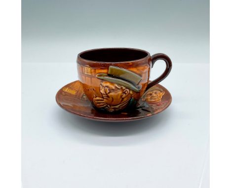 Dark, rich brown glaze. Relief decoration of Dickens characters; Mr. Pickwick on the cup and Bill Sikes on the saucer. Royal 