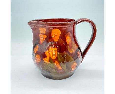 A brown glazed pitcher featuring a man lost in thought and surrounded by friends. Royal Doulton backstamp. Dimensions: 7.5"L 