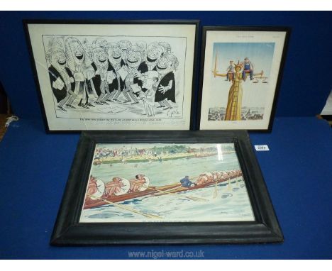 A framed Print of H.M. Bateman Cartoon 'The Cox who failed to notice the bump', a framed Anton Cartoon 'Justice' from Punch S