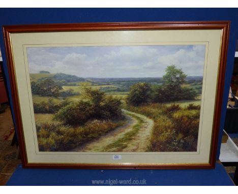 A large framed and glazed Print, Landscape with lane in foreground, signed lower left Dipnall.