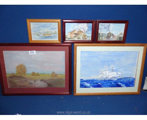 Three framed Watercolours to include trains and ships, an acrylic entitled 'After The Storm', and a pastel landscape, all by 