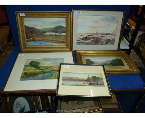 Four Oil and Watercolour Landscapes (some signed), and a Watercolour of a Seascape.