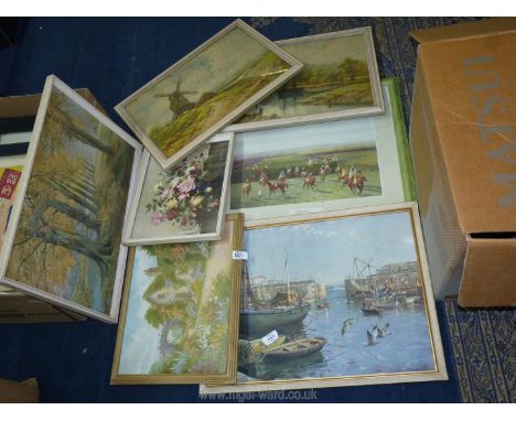 A quantity of prints including Vernon Ward harbour scene, Brean print of 'An Old Mill Sussex Downs', 'Grand National 1927' by