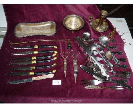 A quantity of metalware including brass Chamber-stick and snuffer, wick trimming scissors, cutlery etc.