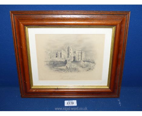 A framed mixed media sketch of 'Raglan Castle, Monmouthshire'.