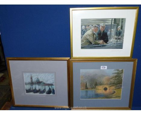 A framed and mounted Charcoal drawing of Venice initialled lower right R.E., along with a Nel Turner 'Sunset in the Park' and
