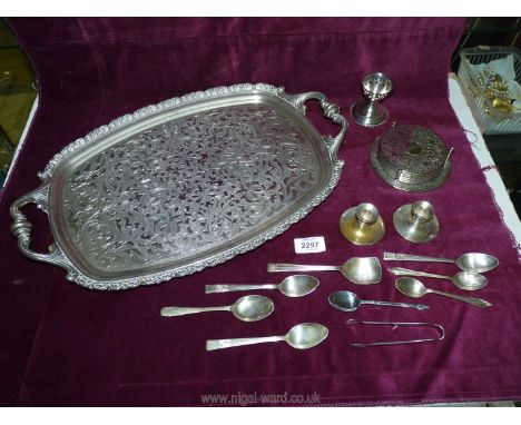 An Epns handled tray plus coasters, candlestick, egg cup, teaspoons, etc.